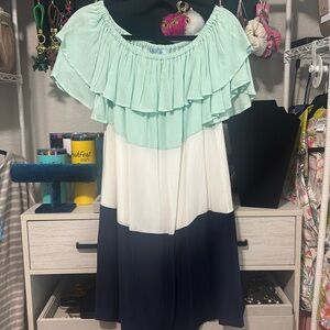 Mint Green, White, and Navy Off-Shoulder Dress